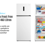 Geladeira Frost Free Duplex 463L Slim branca Midea em fundo neutro.