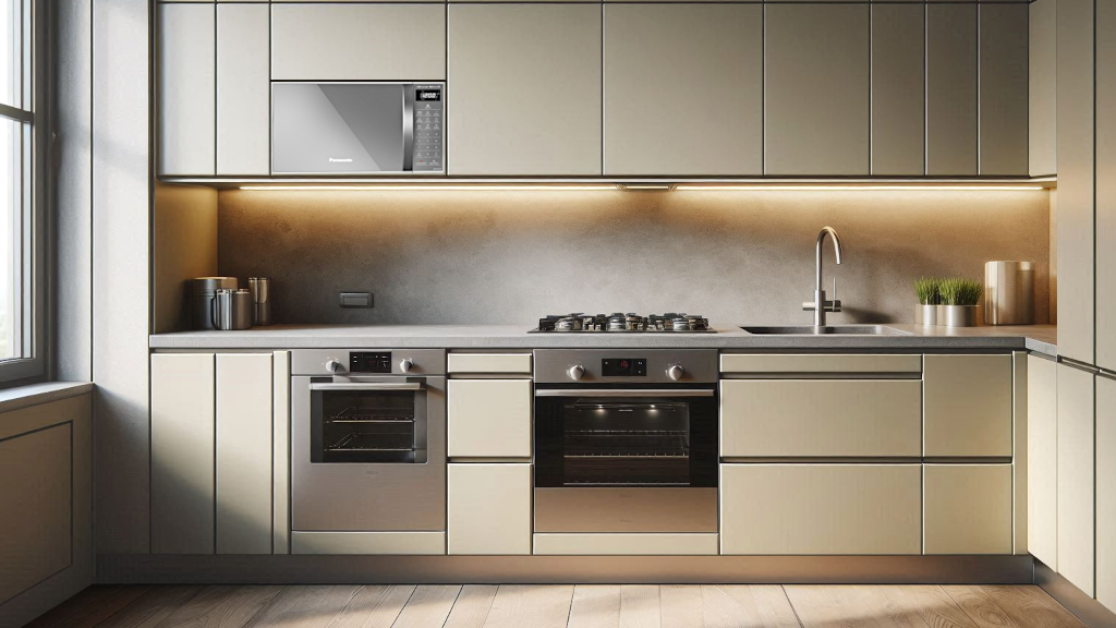 Micro-Ondas Panasonic 21L NN-ST27LWRUN com porta espelhada em cozinha moderna.