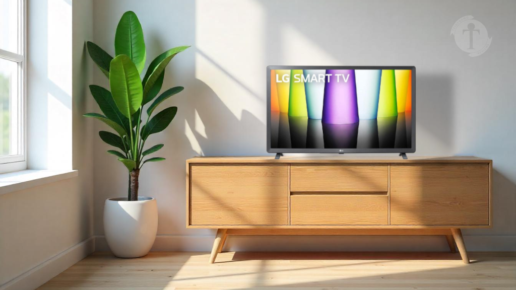 Smart TV LED 32" HD LG 32LQ620 com bordas finas e design moderno em fundo branco, ideal para acessibilidade visual.